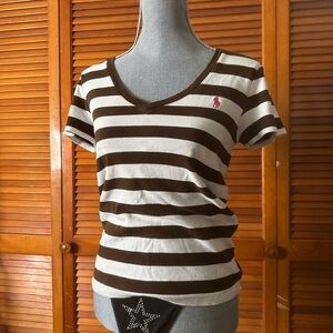 Ralph Lauren Sport Brown and White Striped V-Neck Tee